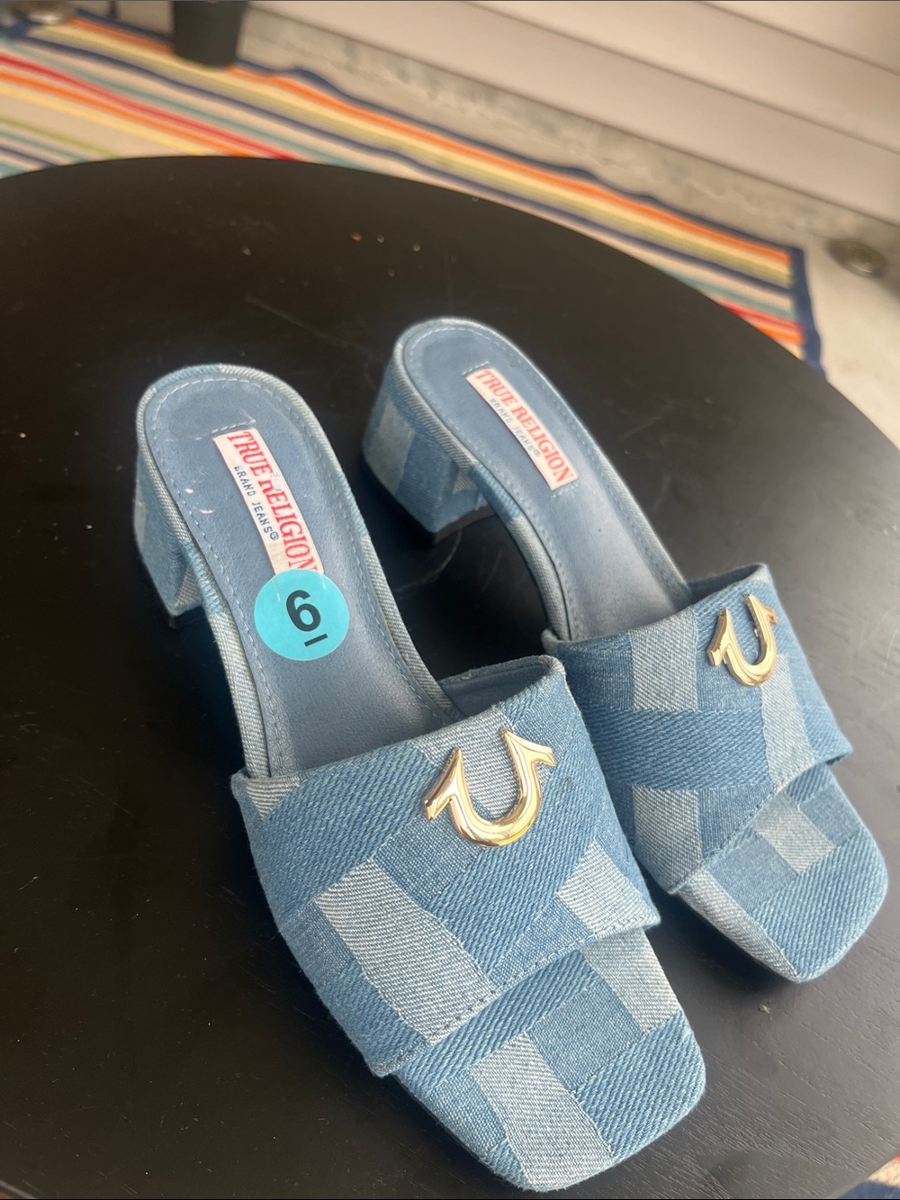 True Religion Denim Patchwork Slide Mules with Gold Logo